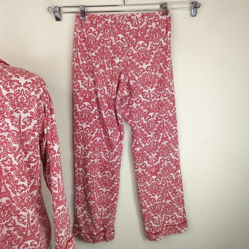 Bed Head Pajama Set Womens Medium Eiffel Tower Paris Lace Look Red White Cotton - Picture 9 of 11